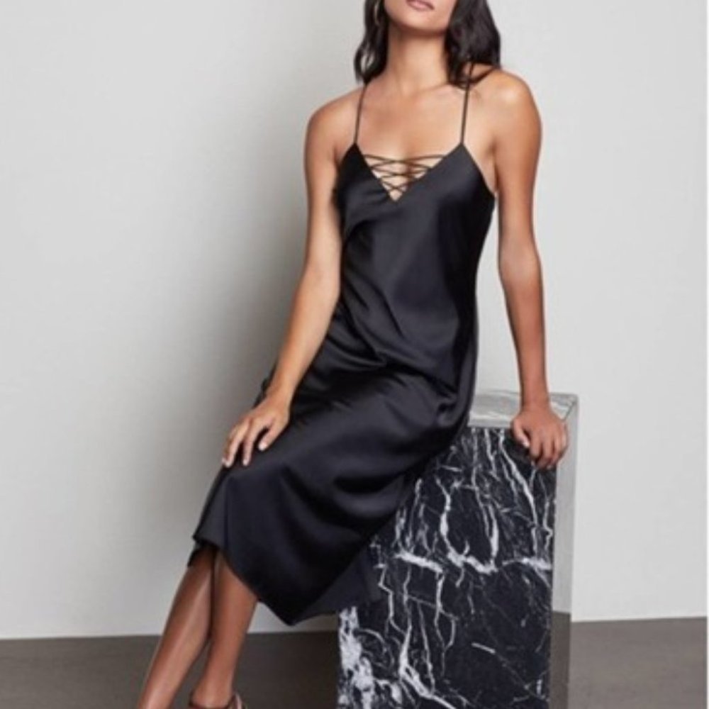 NWT Good American Satin Lace-Up Midi Slip Dress in Black